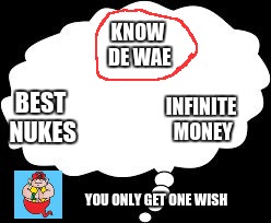 KNOW DE WAE; BEST NUKES; INFINITE MONEY; YOU ONLY GET ONE WISH | image tagged in know de wea | made w/ Imgflip meme maker