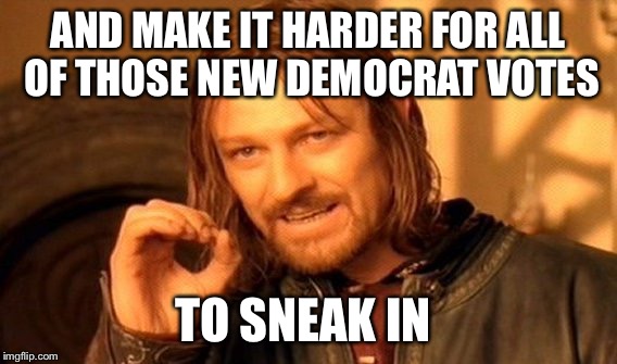 One Does Not Simply Meme | AND MAKE IT HARDER FOR ALL OF THOSE NEW DEMOCRAT VOTES TO SNEAK IN | image tagged in memes,one does not simply | made w/ Imgflip meme maker