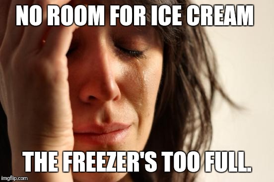 First World Problems | NO ROOM FOR ICE CREAM; THE FREEZER'S TOO FULL. | image tagged in memes,first world problems | made w/ Imgflip meme maker