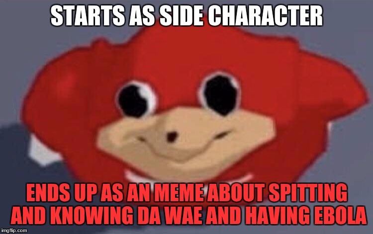 Unguanda knuckles.
ALSO THANKS FOR 1000 POINTS
 | STARTS AS SIDE CHARACTER; ENDS UP AS AN MEME ABOUT SPITTING AND KNOWING DA WAE AND HAVING EBOLA | image tagged in do you know de wae,unguanda knuckles,10000 points | made w/ Imgflip meme maker