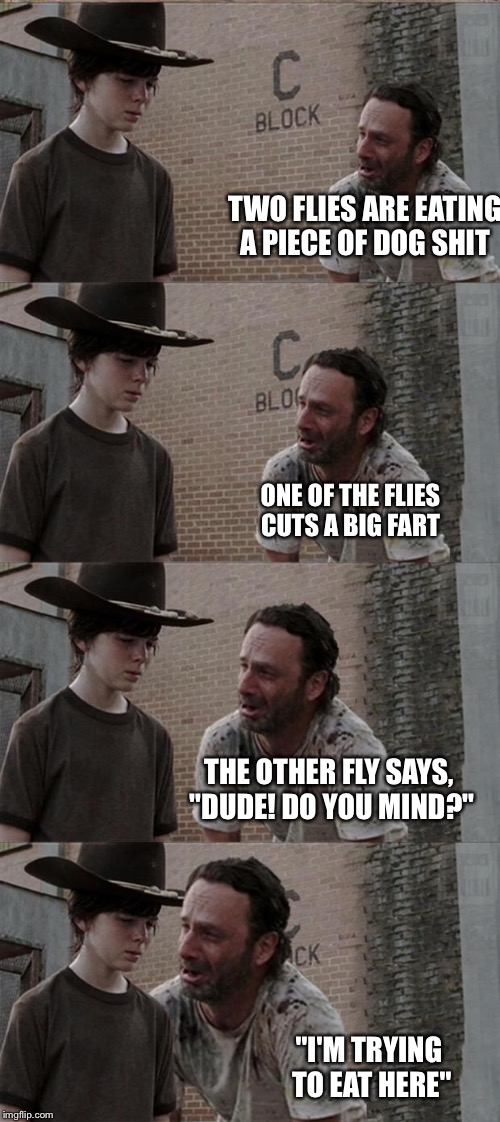 Rick and Carl Long Meme | TWO FLIES ARE EATING A PIECE OF DOG SHIT; ONE OF THE FLIES CUTS A BIG FART; THE OTHER FLY SAYS, "DUDE! DO YOU MIND?"; "I'M TRYING TO EAT HERE" | image tagged in memes,rick and carl long | made w/ Imgflip meme maker