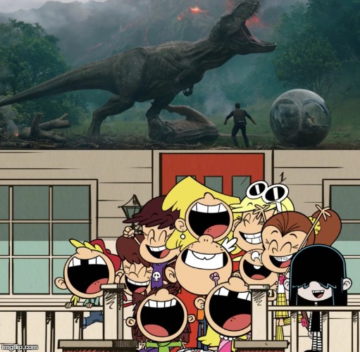 Rexy gets cheered on by Loud siblings | image tagged in jurassic world,the loud house,nickelodeon,universal studios,volcano,cheer | made w/ Imgflip meme maker