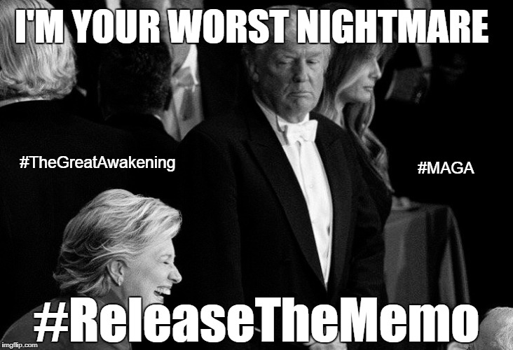 Trump stares down hillary | I'M YOUR WORST NIGHTMARE; #TheGreatAwakening; #MAGA; #ReleaseTheMemo | image tagged in donald trump,hillary clinton,prison | made w/ Imgflip meme maker