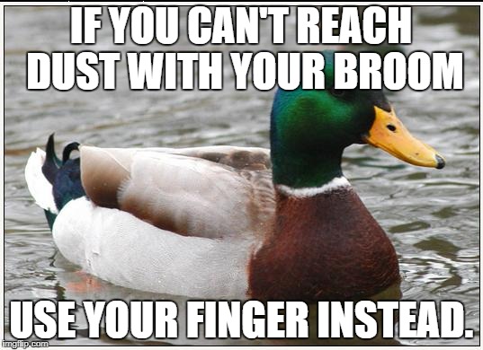 I tried that once, IT WORKED! | IF YOU CAN'T REACH DUST WITH YOUR BROOM; USE YOUR FINGER INSTEAD. | image tagged in memes,actual advice mallard | made w/ Imgflip meme maker