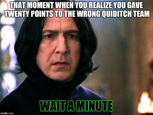 Snape teamplate | THAT MOMENT WHEN YOU REALIZE YOU GAVE TWENTY POINTS TO THE WRONG QUIDITCH TEAM; WAIT A MINUTE | image tagged in snape teamplate | made w/ Imgflip meme maker