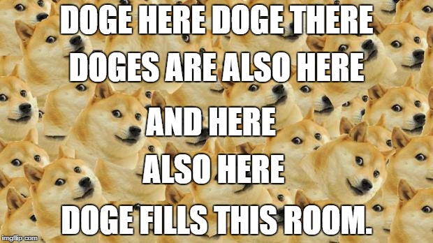 ∞ doges | DOGE HERE DOGE THERE; DOGES ARE ALSO HERE; AND HERE; ALSO HERE; DOGE FILLS THIS ROOM. | image tagged in memes,multi doge | made w/ Imgflip meme maker
