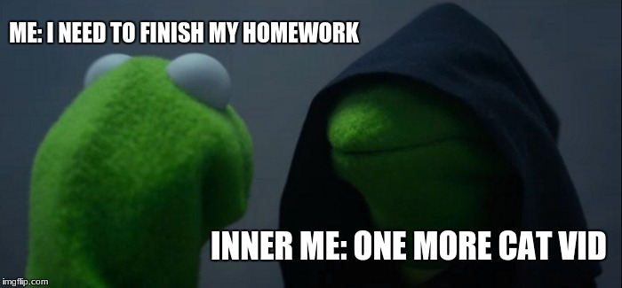 How life treats you when your grades are down | ME: I NEED TO FINISH MY HOMEWORK; INNER ME: ONE MORE CAT VID | image tagged in memes,evil kermit | made w/ Imgflip meme maker