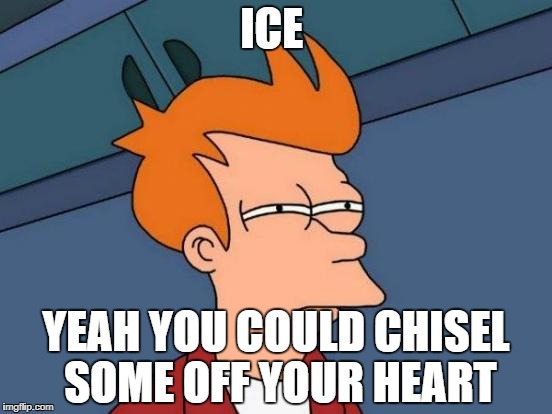 Futurama Fry Meme | ICE; YEAH YOU COULD CHISEL SOME OFF YOUR HEART | image tagged in memes,futurama fry | made w/ Imgflip meme maker