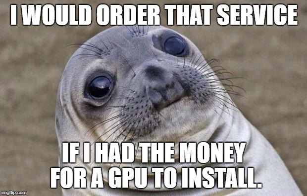 Awkward Moment Sealion Meme | I WOULD ORDER THAT SERVICE IF I HAD THE MONEY FOR A GPU TO INSTALL. | image tagged in memes,awkward moment sealion | made w/ Imgflip meme maker
