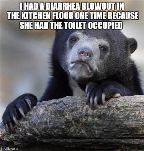 Confession Bear Meme | I HAD A DIARRHEA BLOWOUT IN THE KITCHEN FLOOR ONE TIME BECAUSE SHE HAD THE TOILET OCCUPIED | image tagged in memes,confession bear | made w/ Imgflip meme maker