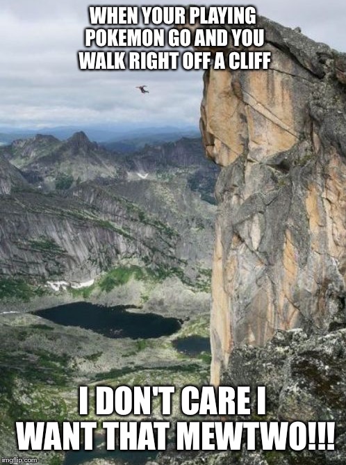 Pokemon Go | WHEN YOUR PLAYING POKEMON GO AND YOU WALK RIGHT OFF A CLIFF; I DON'T CARE I WANT THAT MEWTWO!!! | image tagged in pokemon go | made w/ Imgflip meme maker