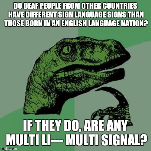 If It Is Indeed All the Same Language, Why Doesn't Schools Teach Sign Language and Everyone Can Stop Talking? | DO DEAF PEOPLE FROM OTHER COUNTRIES HAVE DIFFERENT SIGN LANGUAGE SIGNS THAN THOSE BORN IN AN ENGLISH LANGUAGE NATION? IF THEY DO, ARE ANY MULTI LI--- MULTI SIGNAL? | image tagged in memes,philosoraptor,sign language,deaf | made w/ Imgflip meme maker