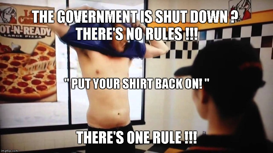 THE GOVERNMENT IS SHUT DOWN ? THERE'S NO RULES !!! " PUT YOUR SHIRT BACK ON! "; THERE'S ONE RULE !!! | image tagged in government shutdown | made w/ Imgflip meme maker