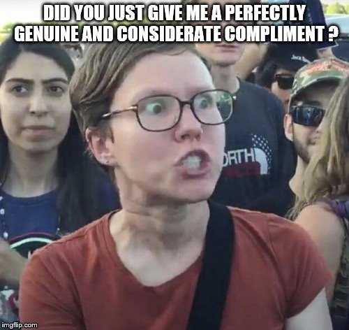 Triggered feminist | DID YOU JUST GIVE ME A PERFECTLY GENUINE AND CONSIDERATE COMPLIMENT ? | image tagged in triggered feminist | made w/ Imgflip meme maker