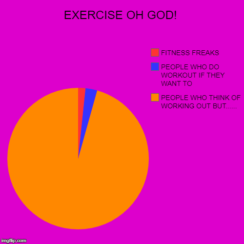 EXERCISE OH GOD! | PEOPLE WHO THINK OF WORKING OUT BUT......, PEOPLE WHO DO WORKOUT IF THEY WANT TO, FITNESS FREAKS | image tagged in funny,pie charts | made w/ Imgflip chart maker