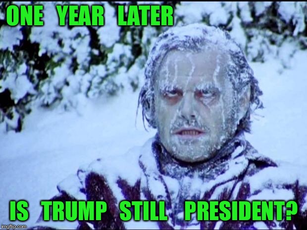Jack Nicholson | ONE   YEAR   LATER; IS   TRUMP   STILL    PRESIDENT? | image tagged in jack nicholson | made w/ Imgflip meme maker
