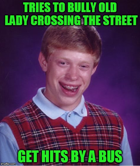 Bad Luck Brian Meme | TRIES TO BULLY OLD LADY CROSSING THE STREET GET HITS BY A BUS | image tagged in memes,bad luck brian | made w/ Imgflip meme maker