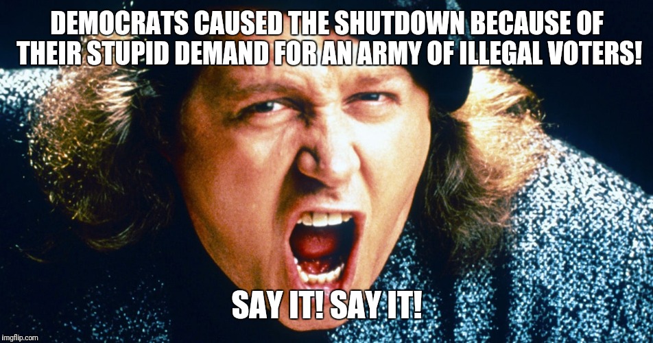 sam kinnison trump say it | DEMOCRATS CAUSED THE SHUTDOWN BECAUSE OF THEIR STUPID DEMAND FOR AN ARMY OF ILLEGAL VOTERS! SAY IT! SAY IT! | image tagged in sam kinnison trump say it | made w/ Imgflip meme maker