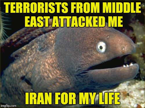 When Iran for a while,Iraq-oned I got away from them! | TERRORISTS FROM MIDDLE EAST ATTACKED ME; IRAN FOR MY LIFE | image tagged in memes,bad joke eel,powermetalhead,terrorism,iran,funny | made w/ Imgflip meme maker