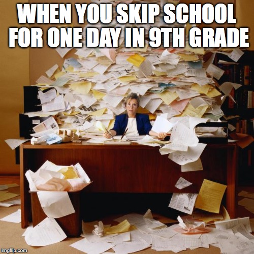 miss school | WHEN YOU SKIP SCHOOL FOR ONE DAY IN 9TH GRADE | image tagged in miss school | made w/ Imgflip meme maker