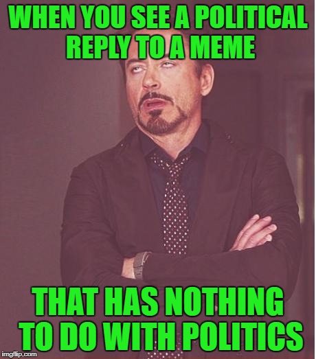 Face You Make Robert Downey Jr Meme | WHEN YOU SEE A POLITICAL REPLY TO A MEME THAT HAS NOTHING TO DO WITH POLITICS | image tagged in memes,face you make robert downey jr | made w/ Imgflip meme maker