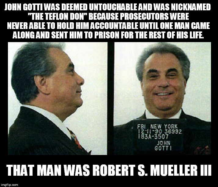Will Trump have a cell with a view? | JOHN GOTTI WAS DEEMED UNTOUCHABLE AND WAS NICKNAMED "THE TEFLON DON" BECAUSE PROSECUTORS WERE NEVER ABLE TO HOLD HIM ACCOUNTABLE UNTIL ONE MAN CAME ALONG AND SENT HIM TO PRISON FOR THE REST OF HIS LIFE. THAT MAN WAS ROBERT S. MUELLER lll | image tagged in trump for prison,robert mueller,mueller time | made w/ Imgflip meme maker