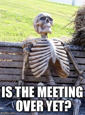 Waiting Skeleton Meme | IS THE MEETING OVER YET? | image tagged in memes,waiting skeleton | made w/ Imgflip meme maker