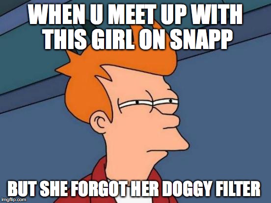 Futurama Fry Meme | WHEN U MEET UP WITH THIS GIRL ON SNAPP; BUT SHE FORGOT HER DOGGY FILTER | image tagged in memes,futurama fry | made w/ Imgflip meme maker