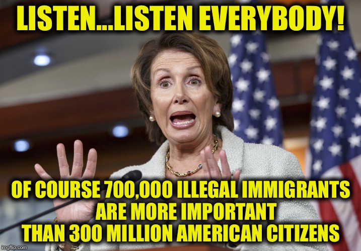 Shut it down! | LISTEN...LISTEN EVERYBODY! OF COURSE 700,000 ILLEGAL IMMIGRANTS   ARE MORE IMPORTANT THAN 300 MILLION AMERICAN CITIZENS | image tagged in nancy pelosi wtf,illegal aliens,democrats,republicans,trump,budget | made w/ Imgflip meme maker