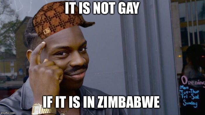 In Zimbabwe  | IT IS NOT GAY; IF IT IS IN ZIMBABWE | image tagged in memes,roll safe think about it,scumbag | made w/ Imgflip meme maker