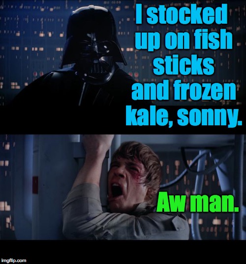 I stocked up on fish sticks and frozen kale, sonny. Aw man. | made w/ Imgflip meme maker