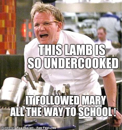 Chef Gordon Ramsay | THIS LAMB IS SO UNDERCOOKED; IT FOLLOWED MARY ALL THE WAY TO SCHOOL！ | image tagged in memes,chef gordon ramsay | made w/ Imgflip meme maker