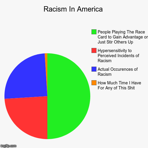Racism In America | How Much Time I Have For Any of This Shit, Actual Occurences of Racism, Hypersensitivity to Perceived Incidents of Racis | image tagged in funny,pie charts | made w/ Imgflip chart maker