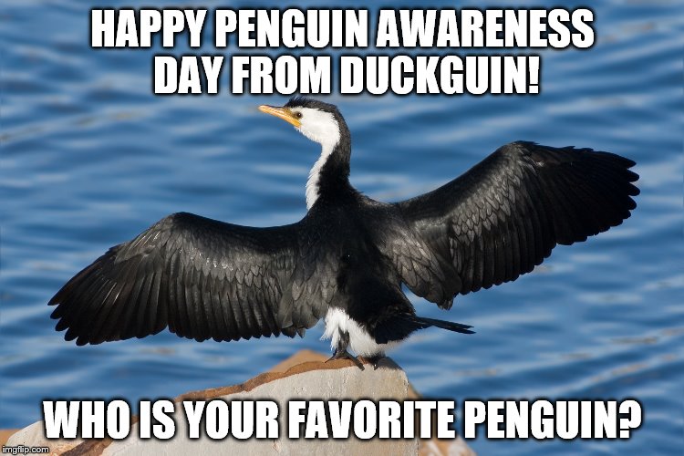 Duckguin | HAPPY PENGUIN AWARENESS DAY FROM DUCKGUIN! WHO IS YOUR FAVORITE PENGUIN? | image tagged in duckguin | made w/ Imgflip meme maker