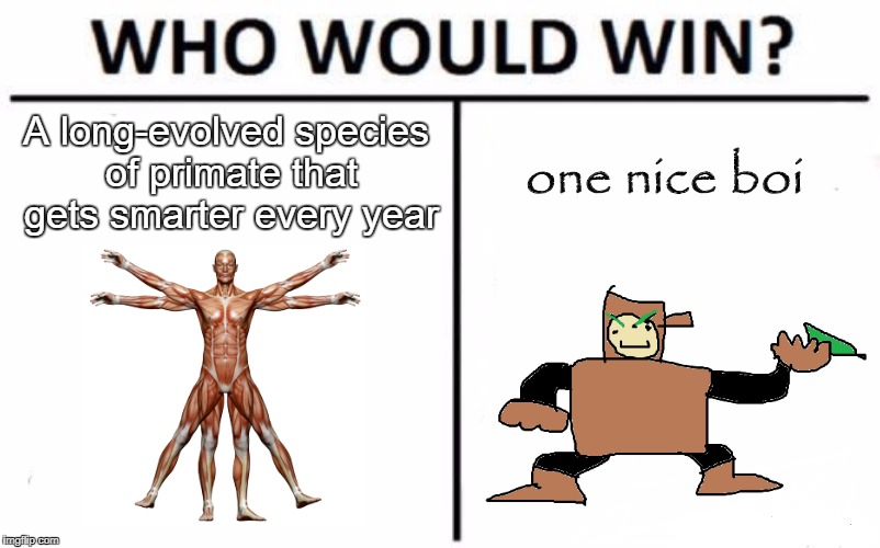 Wood Week starts tomorrow. | A long-evolved species of primate that gets smarter every year; one nice boi | image tagged in memes,who would win,human evolution,wood man,mm2wood,wood week | made w/ Imgflip meme maker
