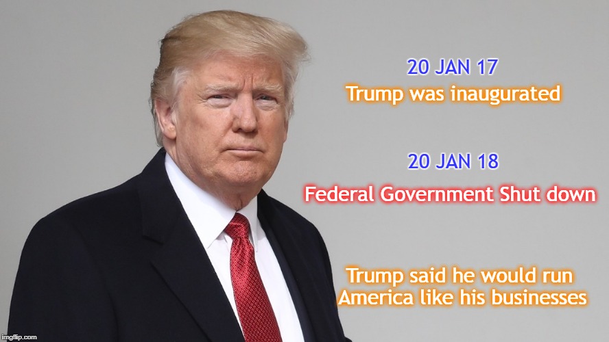 He promised... he delivered! | 20 JAN 17; Trump was inaugurated; 20 JAN 18; Federal Government Shut down; Trump said he would run America like his businesses | image tagged in trump,government shutdown,shithole | made w/ Imgflip meme maker