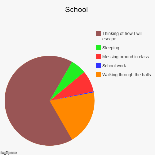 School | Walking through the halls, School work, Messing around in class, Sleeping, Thinking of how I will escape | image tagged in funny,pie charts | made w/ Imgflip chart maker