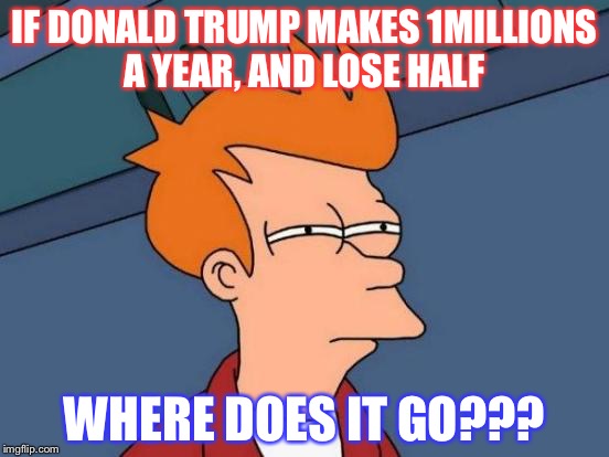 Futurama Fry Meme | IF DONALD TRUMP MAKES 1MILLIONS A YEAR, AND LOSE HALF; WHERE DOES IT GO??? | image tagged in memes,futurama fry | made w/ Imgflip meme maker