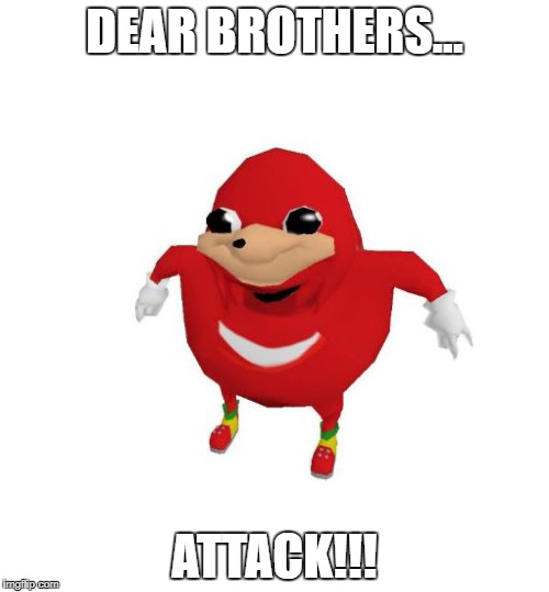 Ugandan Knuckles | DEAR BROTHERS... ATTACK!!! | image tagged in ugandan knuckles | made w/ Imgflip meme maker