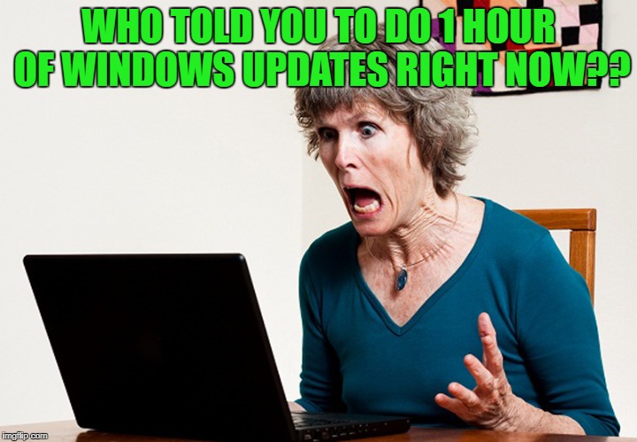 Mom frustrated at laptop | WHO TOLD YOU TO DO 1 HOUR OF WINDOWS UPDATES RIGHT NOW?? | image tagged in mom frustrated at laptop | made w/ Imgflip meme maker