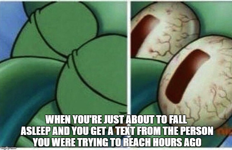 Squidward | WHEN YOU'RE JUST ABOUT TO FALL ASLEEP AND YOU GET A TEXT FROM THE PERSON YOU WERE TRYING TO REACH HOURS AGO | image tagged in squidward,memes,text,asleep,sleep,spongebob | made w/ Imgflip meme maker