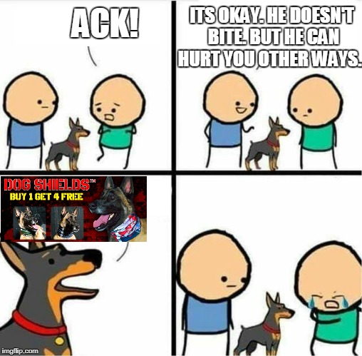 My dog doesn't bite | ITS OKAY. HE DOESN'T BITE. BUT HE CAN HURT YOU OTHER WAYS... ACK! | image tagged in my dog doesn't bite | made w/ Imgflip meme maker
