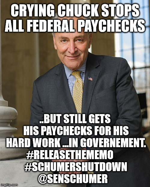 Scumbag Chuck Schumer | CRYING CHUCK STOPS ALL FEDERAL PAYCHECKS; ..BUT STILL GETS HIS PAYCHECKS FOR HIS HARD WORK ...IN GOVERNEMENT. 
#RELEASETHEMEMO






 #SCHUMERSHUTDOWN @SENSCHUMER | image tagged in senschumer,releasethememo,schumershutdown,buildthewallfirst,draintheswamp | made w/ Imgflip meme maker