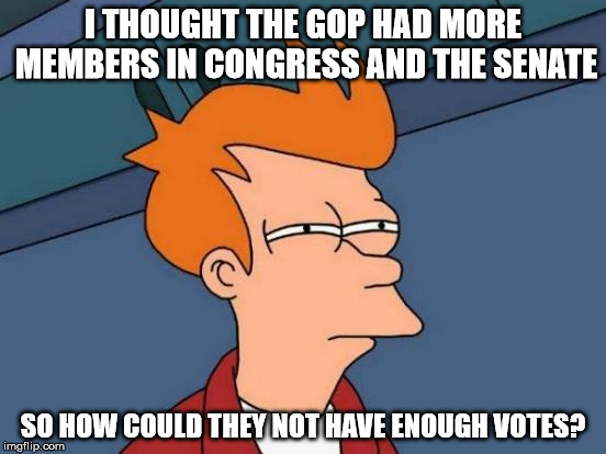 Futurama Fry Meme | I THOUGHT THE GOP HAD MORE MEMBERS IN CONGRESS AND THE SENATE SO HOW COULD THEY NOT HAVE ENOUGH VOTES? | image tagged in memes,futurama fry | made w/ Imgflip meme maker