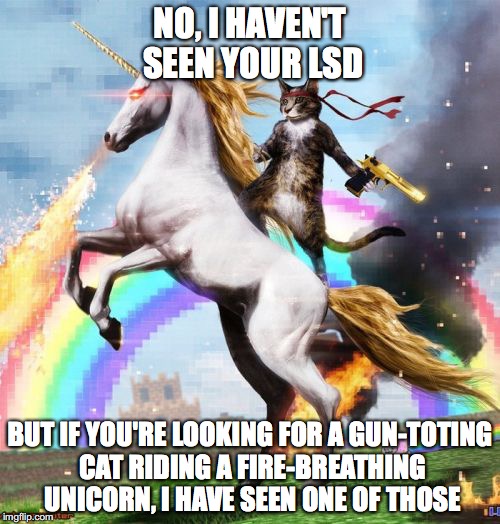 Welcome To The Internets Meme | NO, I HAVEN'T SEEN YOUR LSD; BUT IF YOU'RE LOOKING FOR A GUN-TOTING CAT RIDING A FIRE-BREATHING UNICORN, I HAVE SEEN ONE OF THOSE | image tagged in memes,welcome to the internets | made w/ Imgflip meme maker
