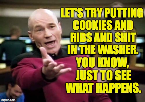 I'm calling it the Cookies and Ribs and $hit Challenge. | LET'S TRY PUTTING COOKIES AND RIBS AND SHIT IN THE WASHER. YOU KNOW, JUST TO SEE WHAT HAPPENS. | image tagged in memes,picard wtf,tide pod challenge | made w/ Imgflip meme maker