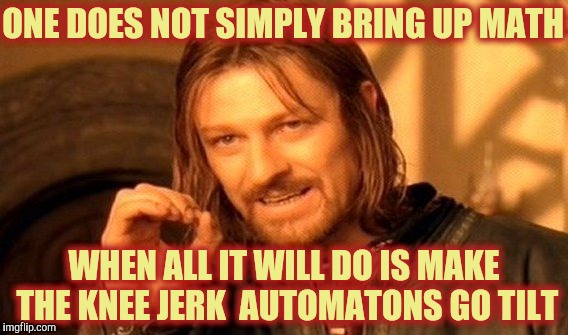 One Does Not Simply Meme | ONE DOES NOT SIMPLY BRING UP MATH WHEN ALL IT WILL DO IS MAKE THE KNEE JERK  AUTOMATONS GO TILT | image tagged in memes,one does not simply | made w/ Imgflip meme maker