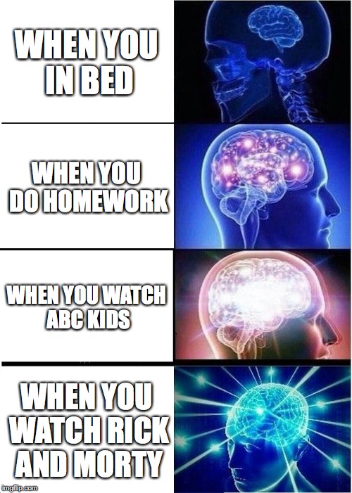 Expanding Brain | WHEN YOU IN BED; WHEN YOU DO HOMEWORK; WHEN YOU WATCH ABC KIDS; WHEN YOU WATCH RICK AND MORTY | image tagged in memes,expanding brain | made w/ Imgflip meme maker