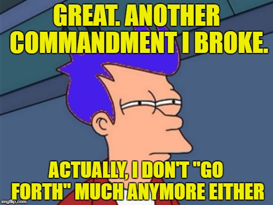 GREAT. ANOTHER COMMANDMENT I BROKE. ACTUALLY, I DON'T "GO FORTH" MUCH ANYMORE EITHER | made w/ Imgflip meme maker