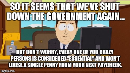Aaaaand Its Gone Meme | SO IT SEEMS THAT WE'VE SHUT DOWN THE GOVERNMENT AGAIN... BUT DON'T WORRY, EVERY ONE OF YOU CRAZY PERSONS IS CONSIDERED "ESSENTIAL" AND WON'T LOOSE A SINGLE PENNY FROM YOUR NEXT PAYCHECK. | image tagged in memes,aaaaand its gone | made w/ Imgflip meme maker